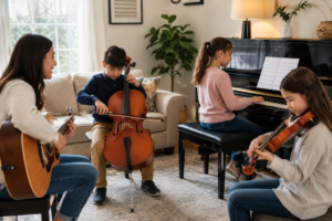 Children learning piano, cello, and violin with a music teacher during a personalized in-home music lesson.